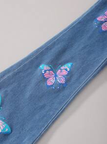 Tween Girls Fashionable Butterfly Print Flare Ripped Pants - Medium Wash - View 3