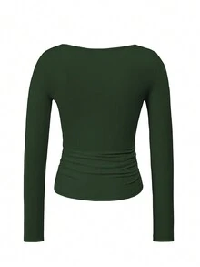 Vaiaye Damen Frühling/Sommer Y2K Quadratischer Ausschnitt Langarm Figurbetontes T-Shirt, einfarbiges sexy Top, geeignet für den Valentinstag - Armeegrün - Übersicht 4