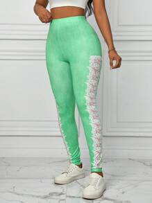 SHEIN LUNE Quần legging bó in khối màu giản dị cho nữ - màu xanh lá - Xem 3