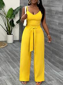 Slaydiva Elegant Spaghetti Strap Back Crop Top Wide Leg Bow Belt Trousers Yellow Women's Two-Piece Set-C