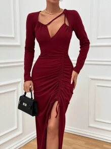 RueChic Fashionable Chic Cut Out Detailed Drawstring Split Hem Long Sleeve Bodycon Dress - Burgundy - View 3