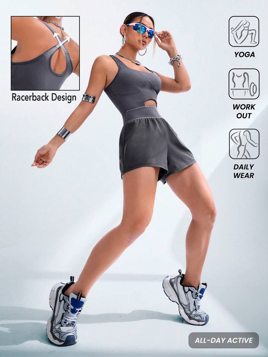 Innovista 运动收腹提臀连体衣、女式网球服、瑜伽服、健身服、骑行服、氨纶镂空连体衣、灰色连体衣、带可拆卸罩杯、女式连体裤、连体裤、女式网球服 - 深灰色 - 查看 1