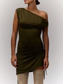 MUSERA Vestido mini con cuello asimétrico, fruncido, sexy y lindo para primavera y verano