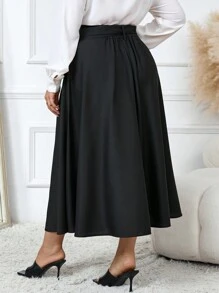 Mulvari Plus Size Solid Color Casual Skirt, Spring&Autumn - Black - View 2