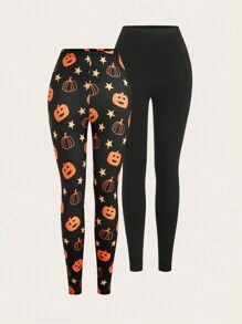 SHEIN EZwear Women's Halloween Pumpkin Print Leggings, 2 Pieces Set - Multicolor - View 3