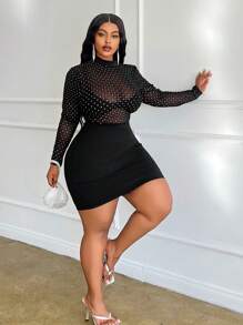 Slaydiva Vestido mini negro sólido y ajustado, elegante, para fiesta, cóctel, evento, cita nocturna, de tela semitransparente con parches de malla con rombos estampados, talla grande
