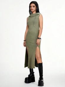 ROMWE Grunge Punk Wasteland Dune Style 女式高开叉连帽无袖紧身连衣裙，灰绿色 - 綠色 - 查看 3