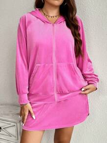 SHEIN LUNE 2 件/套大码天鹅绒舒适连帽衫夹克和裙子套装，带口袋，适合秋季机场女士服装套装粉色上衣和裙子套装旅行装机场假日服装圣诞连衣裙 - 粉色 - 查看 3