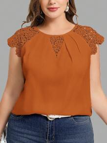 Chikora Blusa sencilla de cuello redondo con diseño calado, color liso, para uso casual diario, tallas grandes, para el verano - Marrón - View 1