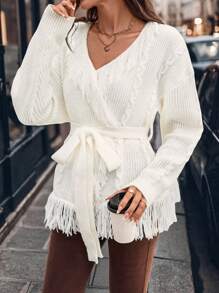 SHEIN Clasi Elegante cárdigan suelto con cuello en V, cintura con lazo y diseño con flecos para mujeres