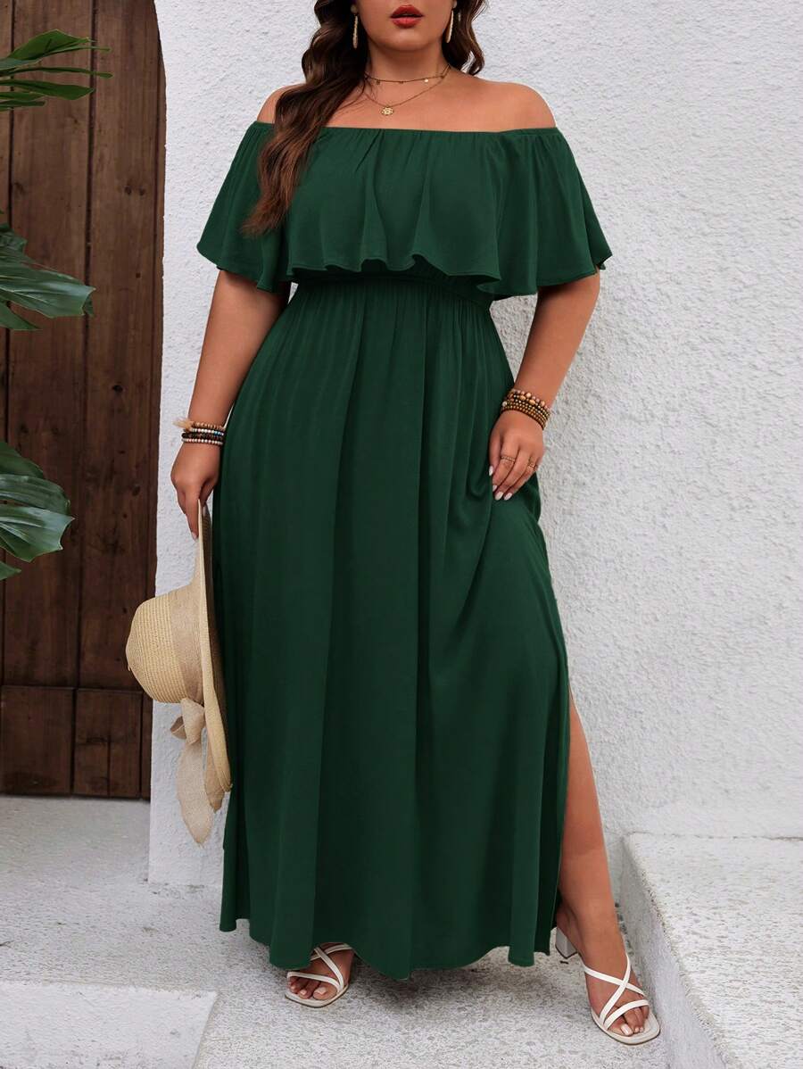 SHEIN VCAY 大码露肩荷叶边连衣裙