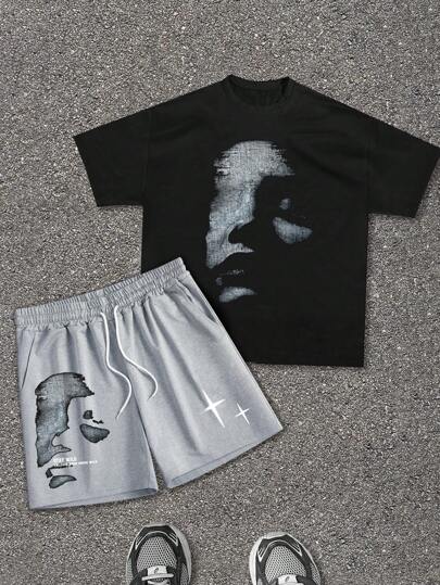 GENIUS ODE 2 件装男士图案印花圆领短袖休闲 T 恤和抽绳腰短裤套装，夏季