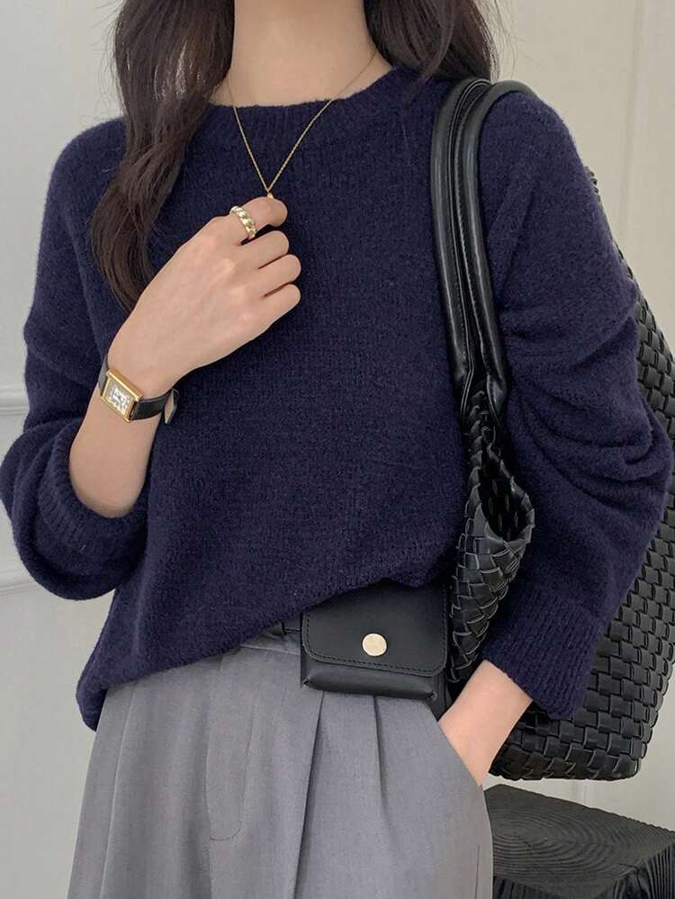 Women's Loose Fit Solid Color Drop Shoulder Long Sleeve Knitted Sweater, Autumn/Winter,Fall Women Clothes Business Casual Woman Work Clothes