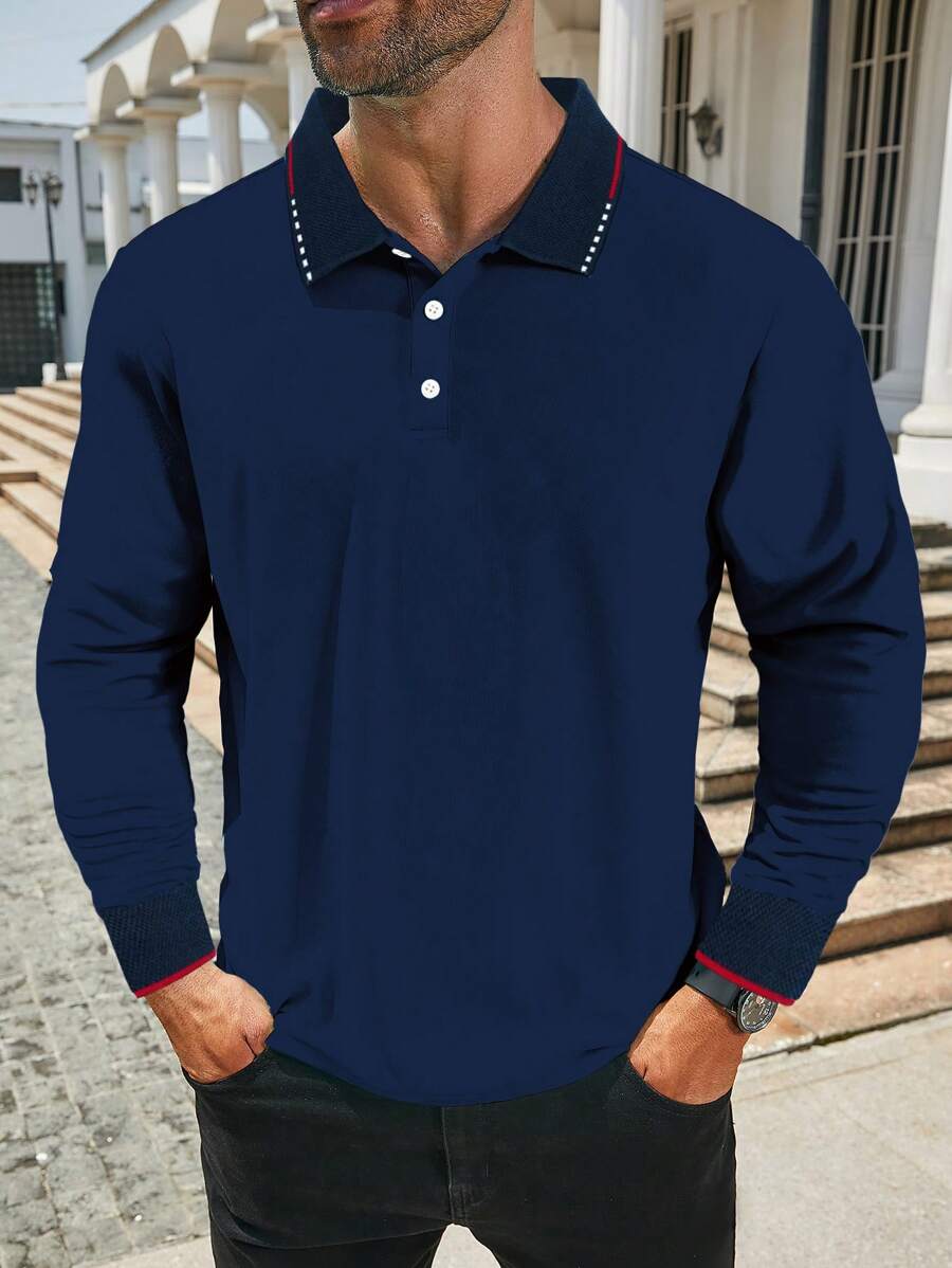 Manfinity Homme 大码男士休闲纯色长袖 Polo 衫，春秋季，外出 - 藏蓝色 - 查看 1