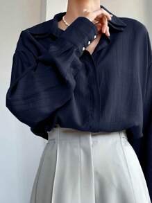 DAZY Áo sơ mi công sở dài tay họa tiết dành cho nữ - Màu xanh hải quân - Xem 1