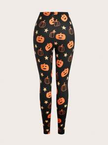 SHEIN EZwear Women's Halloween Pumpkin Print Leggings, 2 Pieces Set - Multicolor - View 7
