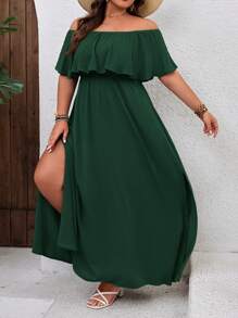 SHEIN VCAY 大码露肩荷叶边连衣裙