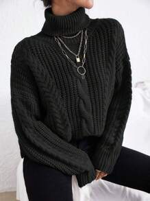 RueChic Cable Knit Turtleneck Drop Shoulder Jumper