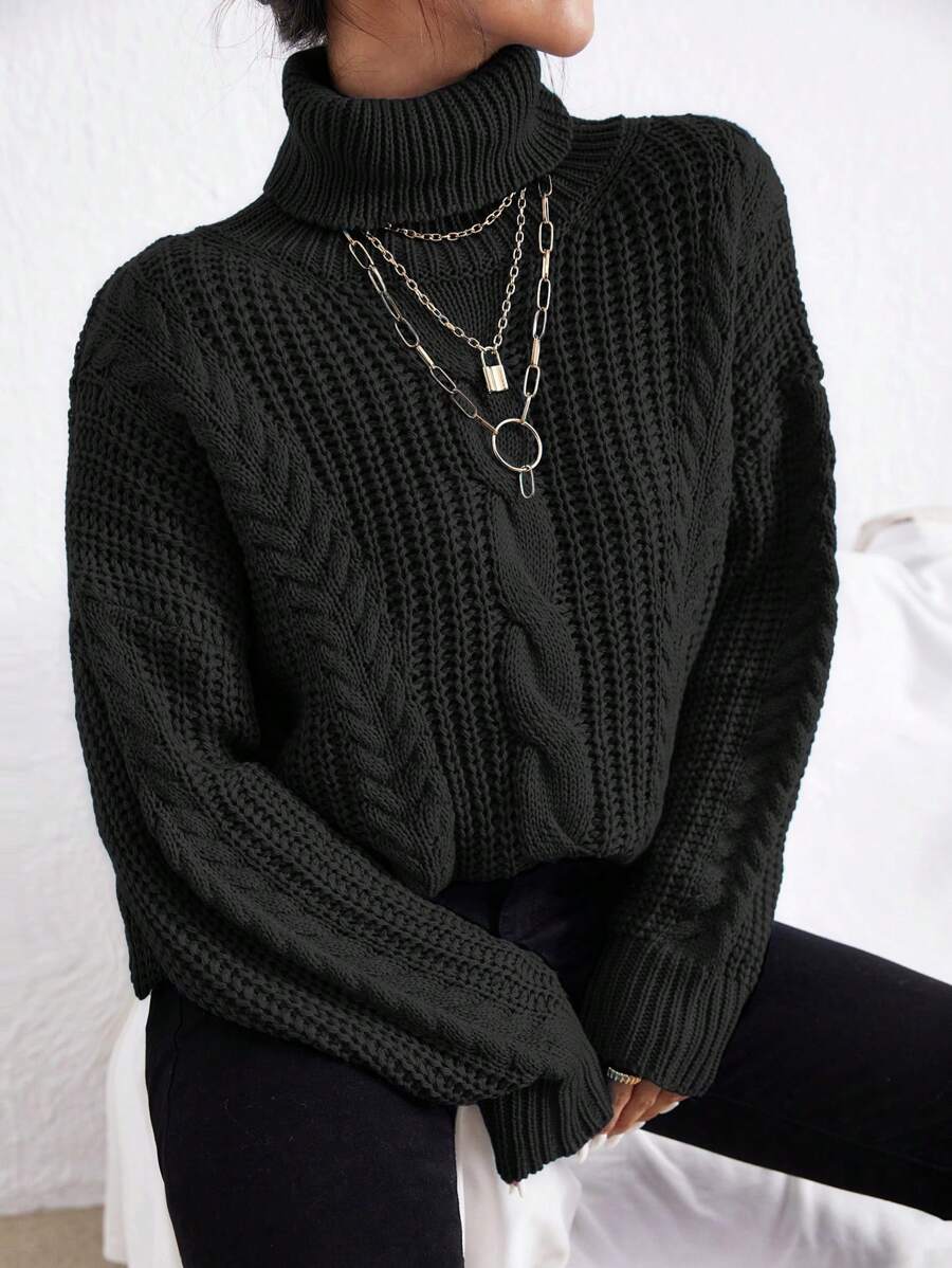 RueChic Cable Knit Turtleneck Drop Shoulder Jumper