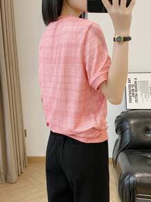 SHEIN Unity Women Plain Simpile Round Neck Short Sleeve T-Shirt - Pink - View 2