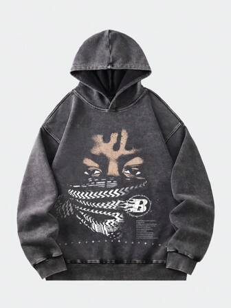 Street Life Sudadera con capucha lavada vintage para hombres (cuello, puños y dobladillo reforzados)
