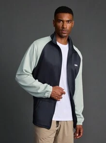 Manfinity Sport Corelite Chaqueta deportiva casual de estilo novio con cremallera delantera, manga larga, parches de color contrastante. Ropa para ir al colegio, gimnasio, senderismo. Camiseta básica de manga corta con cremallera