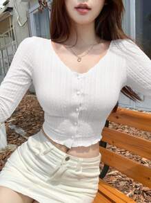 DAZY 女式纹理纯色长袖T恤，秋季服装 - 白色 - 查看 5