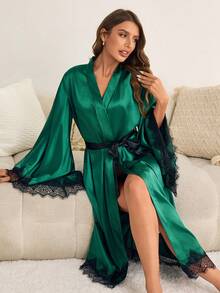 SHEIN Bata de mujer de satén verde oliva de manga larga y largo casual para dormir - Verde Oscuro - Ver 4