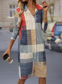 EMERY ROSE 女士休闲拼布印花纽扣长袖连衣裙 - 彩色 - 查看 1