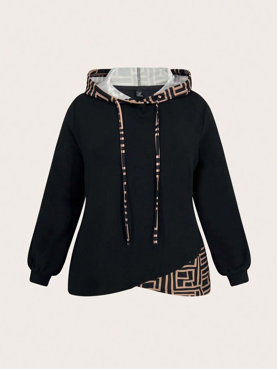 Slaydiva 加大码印花抽绳卫衣 - 黑色 - 查看 1