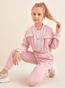 SHEIN SLAYR Tween Girl Tween Girl 翻盖口袋运动衫和慢跑裤套装 - 淺粉色 - 查看 5