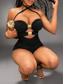 BamGleam Ladies' Solid Color Simple Daily Skinny Jumpsuit - Black - View 6