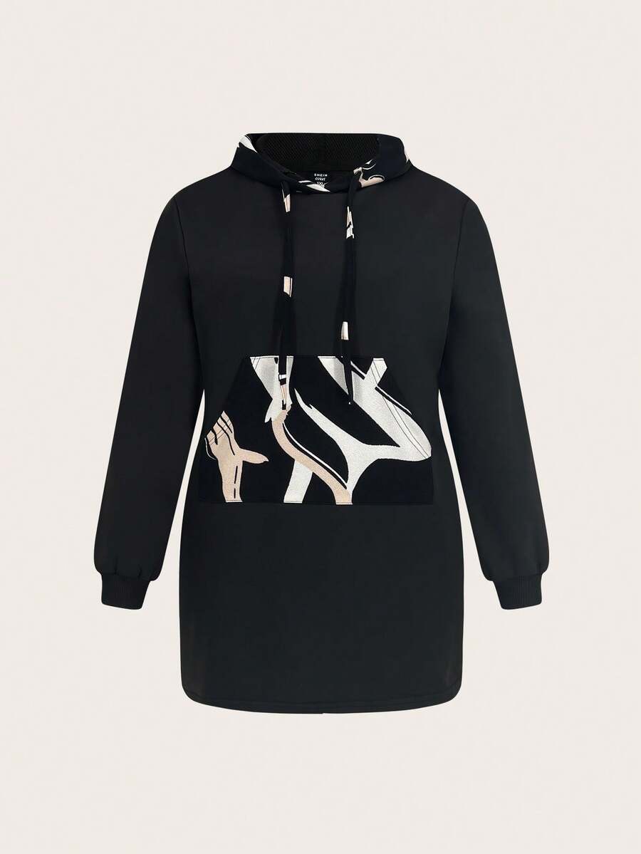 Slaydiva Plus Graphic Print Kangaroo Pocket Drawstring Hoodie Dress - Black - View 1