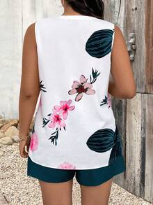 SHEIN LUNE 2 件大码花卉印花吊带背心和短裤套装 - 水鴨藍 - 查看 2