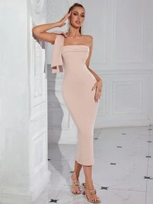 Elisanya Đầm dạ hội/dạ tiệc dáng midi, màu trơn, lệch vai, đính nơ, xẻ tà, màu trơn, thích hợp cho tiệc cocktail hoặc bán formal. - Màu be - Xem 7