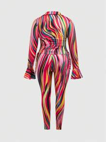 Slaydiva Top Con Estampado Integral De Manga Con Volante Y Leggings Con Cordón Lateral