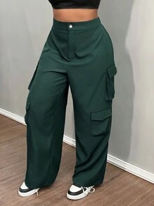 Slaydiva 冬季大码休闲街头风格多口袋宽松直筒绿色工装裤 - 綠色 - 查看 5