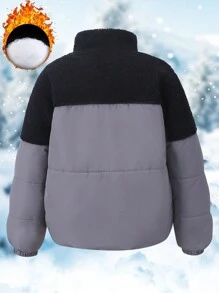Teen Girls Contrast Fuzzy Patchwork Padded Coat - Multicolor - View 2