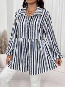 SHEIN LUNE Plus Size Women's Spring & Fall Long Sleeve Ruffle Trim Loose Casual Striped Cardigan Shirt Business Casual Woman Work Blouse Business Blouse Casual Everyday Wear,Essentials Holiday Outfit