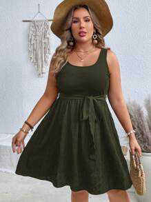 SHEIN VCAY Váy chắp vá không tay cổ chữ U cỡ lớn - xanh quân đội - Xem 6