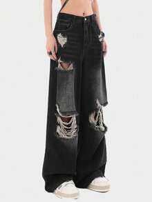 Ripped Wide Leg Jeans,Ladies Button,Pocket,Ripped,Zipper Natural Wide Leg Extra Long Black Boyfriend Fit Loose Women Jeans,Spring/Fall,Casual Daily Wear