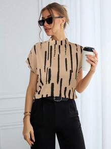 SHEIN Essnce Áo sơ mi tay ngắn cổ bẻ in họa tiết cọ thanh lịch rộng rãi cho nữ, mùa hè - Lạc đà - Xem 1