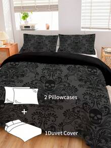Juego de ropa de cama de 3 piezas con diseño de calavera, en estilo gótico barroco victoriano en negro y gris, 1 funda nórdica + 2 fundas de almohada, impresión de alta definición en tela de 100% poliéster, suave y cómodo, adecuado para dormitorio, dormitorio, camping, viaje - Multicolor - Ver 8