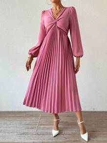 Chiquease Vestido de manga farol con cuello en V, plisado y retorcido, para primavera/otoño