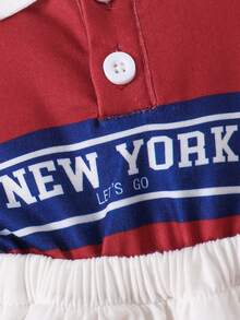 女婴休闲领口拼色条纹字母印花 A 字形连衣裙，运动时尚秋冬 - 酒紅色 - 查看 5