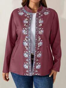EMERY ROSE Jaket Musim Gugur Wanita Ukuran Besar Motif Bunga Biru - Burgundy - View 2