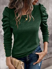 EMERY ROSE Women's Solid Color Minimalist Crew Neck Long Sleeve T-Shirt, Everyday Wear