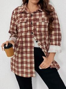 SHEIN LUNE Veste décontractée à manches longues, poches utilitaires, à carreaux, ample, pour femmes, tailles grandes, pour le printemps et l'automne, pour le port quotidien, les vacances de Thanksgiving - Multicolore - Voir 5