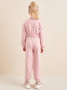 SHEIN SLAYR Tween Girl Tween Girl 翻盖口袋运动衫和慢跑裤套装 - 淺粉色 - 查看 2