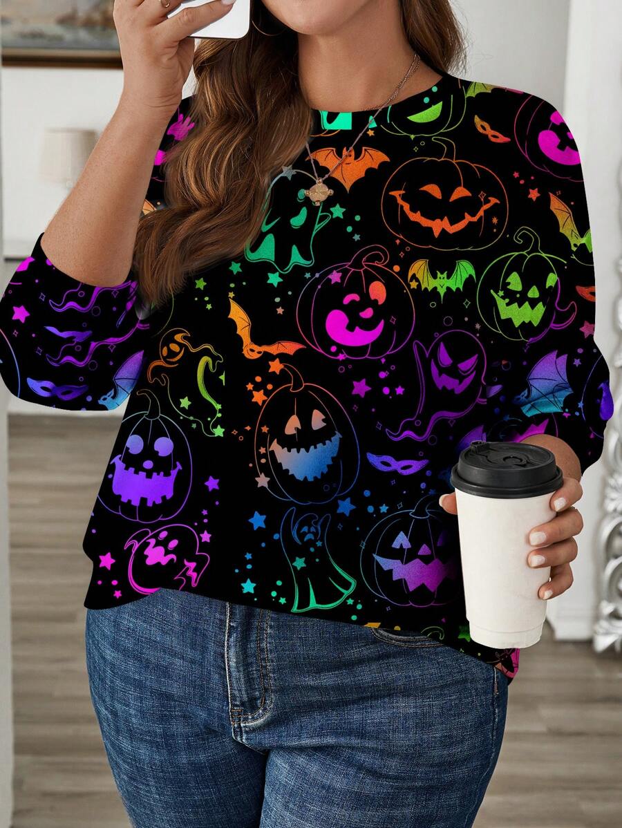 EMERY ROSE Plus Size Women's Simple Casual Halloween Glow-In-The-Dark Pumpkin & Bat Allover Print Sweatshirt, Autumn Winter Fall - Multicolor - View 1